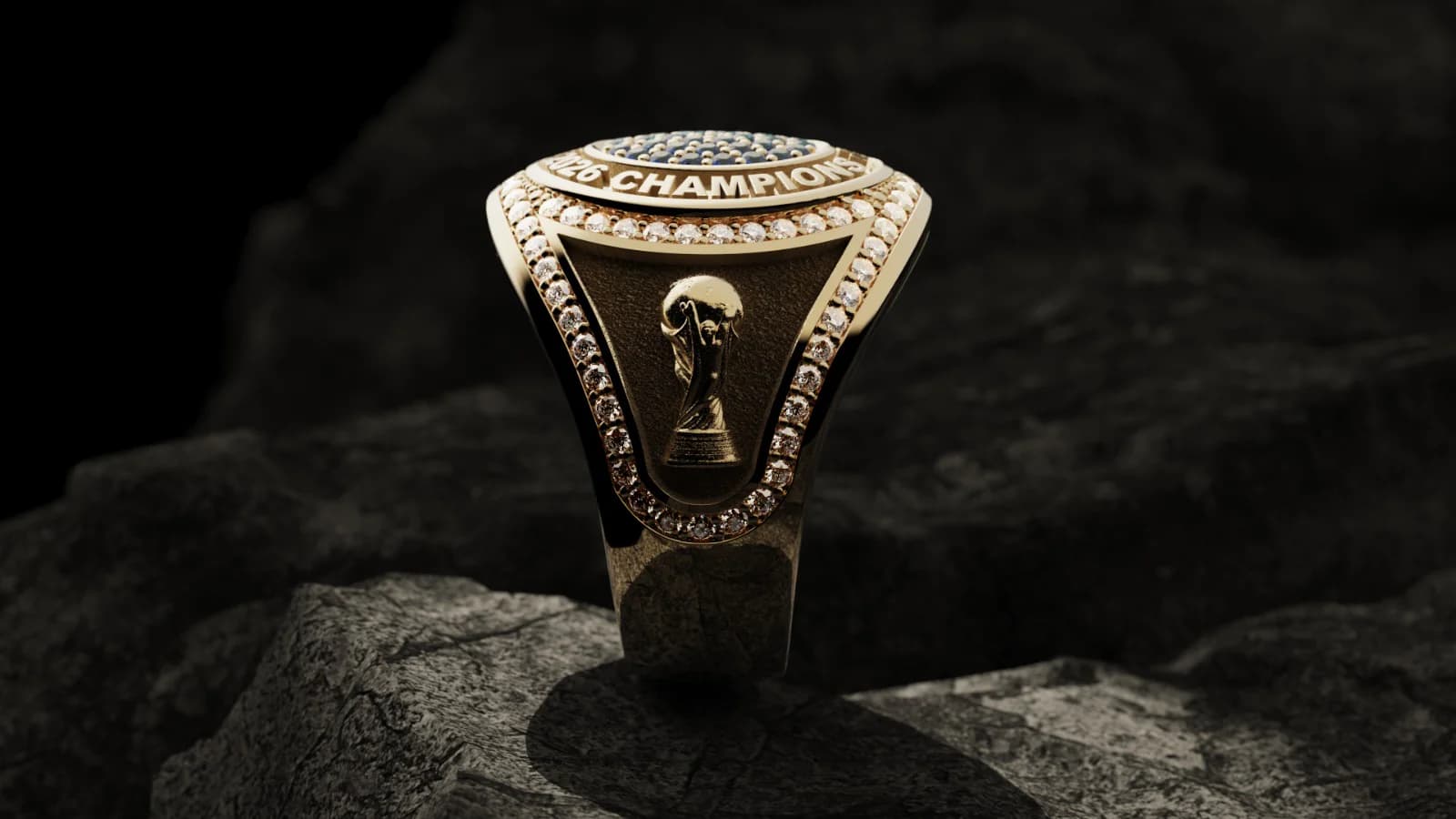 FIFA World Cup 2026™ Champions Ring — trophy relief and diamond pavé, side view