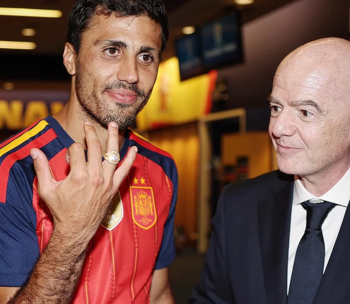 Rodri wearing the FIFA World Cup 2026™ Champions Ring in the locker room, moments after the Final